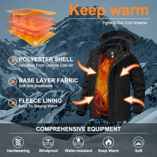 CHEXPEL Mens Winter Coat Puffy Parka Jacket with Fur Hood Waterproof & Windproof Long Winter Fleece Lined Outwear2