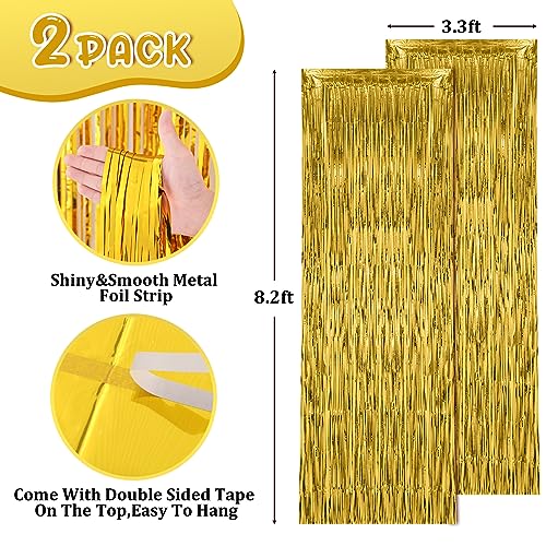 Image of Voircoloria 2 Pack Gold Foil Fringe Backdrop Curtains, Tinsel Streamers Birthday Party Decorations, Fringe Backdrop for Graduation, Baby Shower, Gender Reveal, Disco Party