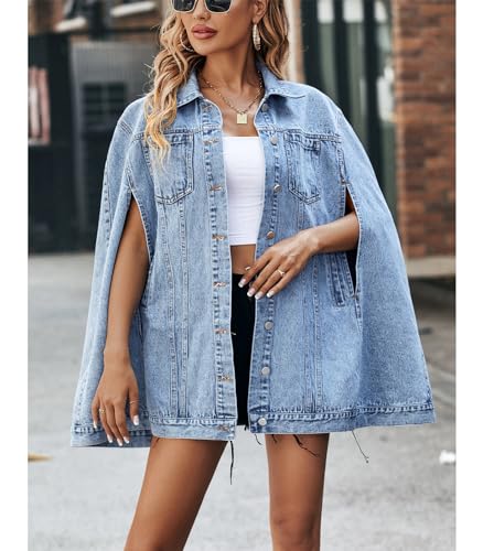 Angsuttc Denim Jacket for Women Poncho Cape Style Jean Jackets Loose Outerwear3