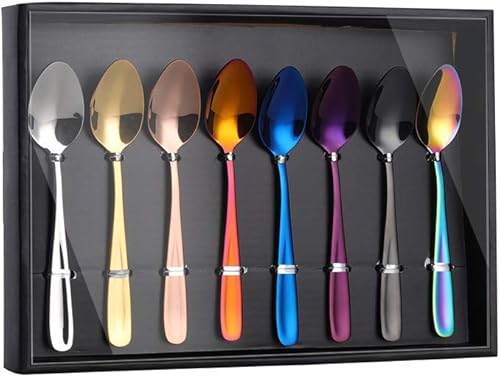 Buyer Star Juego de 8 cucharas de café, coloridas cucharas de postre de acero inoxidable 1810 cucharaditas de café multicolor en caja de regalo