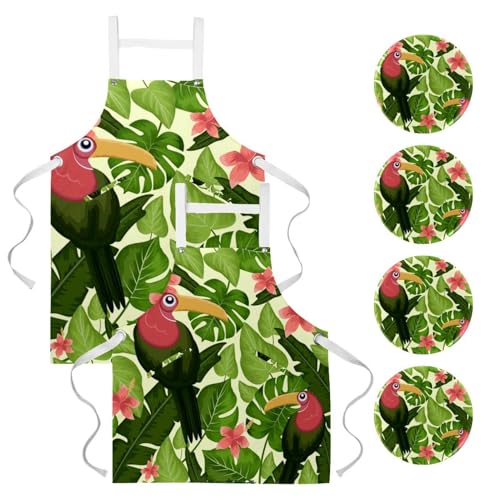 Lot de 2 tabliers oiseaux tropicaux avec 4 broches pour cuisine