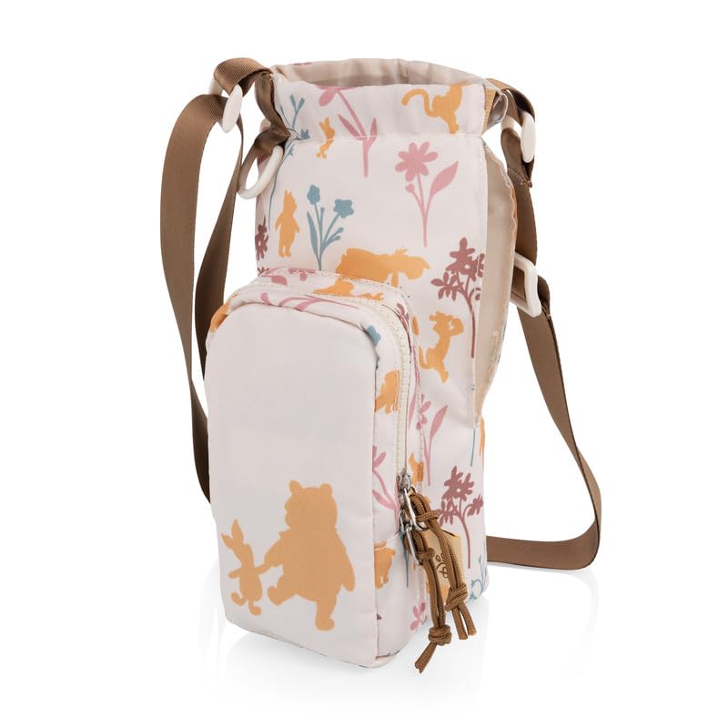 PICNIC TIME Disney Winnie the Pooh Eclipse 40 oz Tumbler Tote Tumbler Carrier Crossbody Bag with Strap Water Bottle Holder with Phone Pocket for 40 oz Tumblers (Beige with Floral Silhouettes)