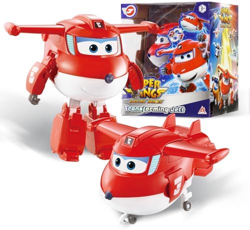 Super Wings Transformable aeroplano Supercharged Jett, altezza circa 12,7 cm, Figura d'azione 2 in 1, aeroplano giocattolo e figura robotica per bambini e bambine a partire da 3 anni