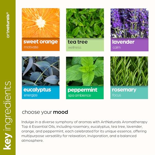 ArtNaturals Aromatherapy Top-6 Essential Oil Set - (6 x 10ml Bottles) - 100% Pure of The Highest Therapeutic Grade - Premium Gift Set – Lavender, Peppermint, Tea Tree, Eucalyptus - Image 5