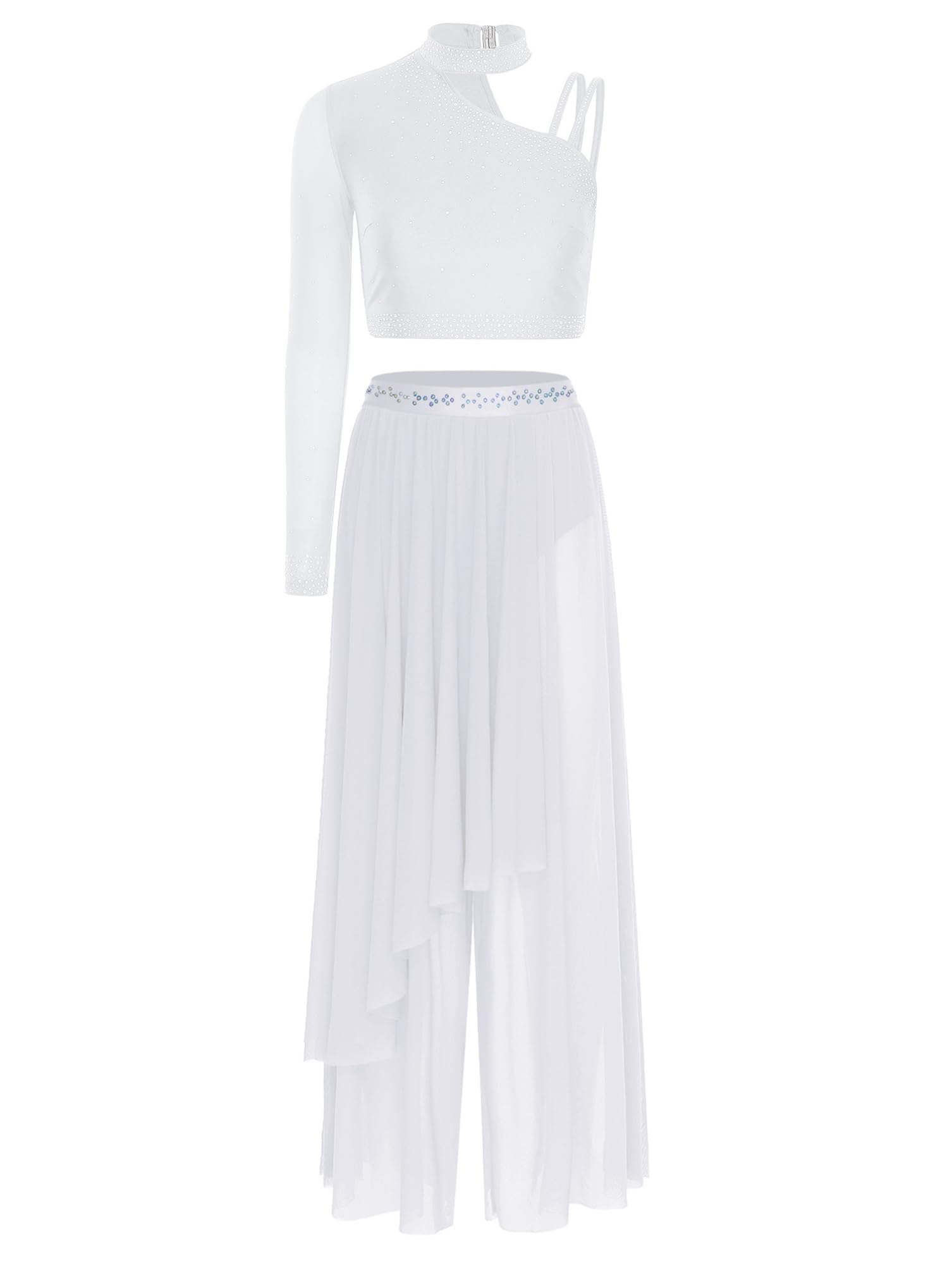 dPois Abito da Ballo Lirico Contemporaneo Donna Monospalla Maxi Vestito da Pattinaggio Artistico Crop Top Danza Moderna + Pantaloni Larghi Costume da Ginnastica Ritmica
