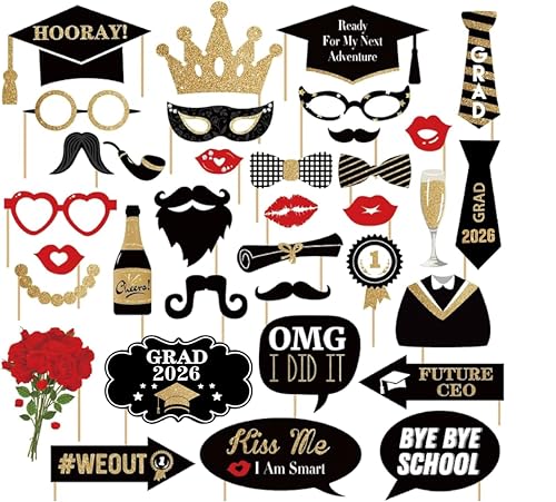 Happy Graduation 2026 Photo Booth Props 35pcs Funny Large Graduation Photo Props Class of 2026 Grad Decor with Sticks for Kids Boy Girl Women Men Graduation Party Favors Supplies Decorations