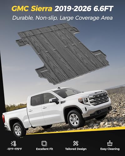 Image of 3W Truck Bed Mat Fit 2019-2024 2025 2026 Chevy Silverado 1500 & GMC Sierra 1500 6.6FT Standard Bed (Not Fit 5.5' /5.8' /6.8' /8.2' Bed) All Weather TPE Custom Fit Heavy Duty Pickup Accessories Trunk Mat