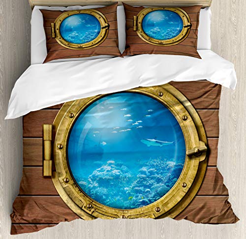 ABAKUHAUS Shark Duvet Cover Set, Submarine Chamber Window, Bedding Set 3 Pieces with 2 Pillow Shams, 230 x 220 cm - 70 x 50 cm, Pale Caramel Blue Yellow