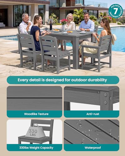 Image of SERWALL 59 inch HDPE Outdoor Dining Set for 6, w / 1 Table & 6 Chairs, Gray