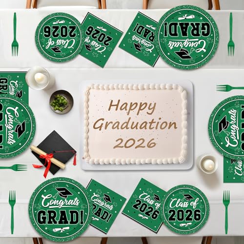 Image of QZYL 200Pcs Graduation Party Supplies, Green Graduation Plates and Napkins, Disposable Grad Dessert Plates and Plastic Forks, Grad Party Decorations for 50 Guests