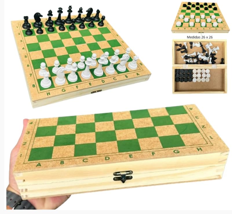 Jogo Xadrez E Damas Em Madeira Vira Estojo Padrão Escolar 2 em 1 (32 peças de xadrez + 24 peças de dama)