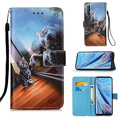 WVYMX Oppo Find X2 Neo Wallet Case, Oppo Find X2 Neo Case with Card Holder, PU Leather Wrist Strap Card Slots Protective Flip Cover for Oppo Find X2 Neo Cat