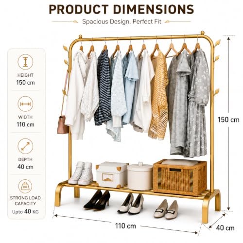 Image of Metal Multifunctional Heavy-Duty Quality Garment Stand Cloth Rack Freestanding Storage Organizer with Bottom Shelves Adjustable Folding Single Pole for Living Room (Gold)