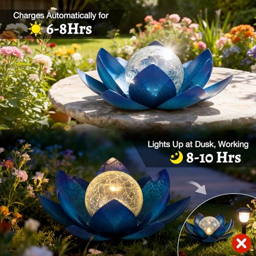 Huaxu Solar Lights Outdoor Garden Decoration Crackle Globe Glass Waterproof LED Metal Blue Lotus Flowers Gift for Mom,Women,Patio,Lawn,Walkway,Tabletop,Ground by Huaxu - Image 3