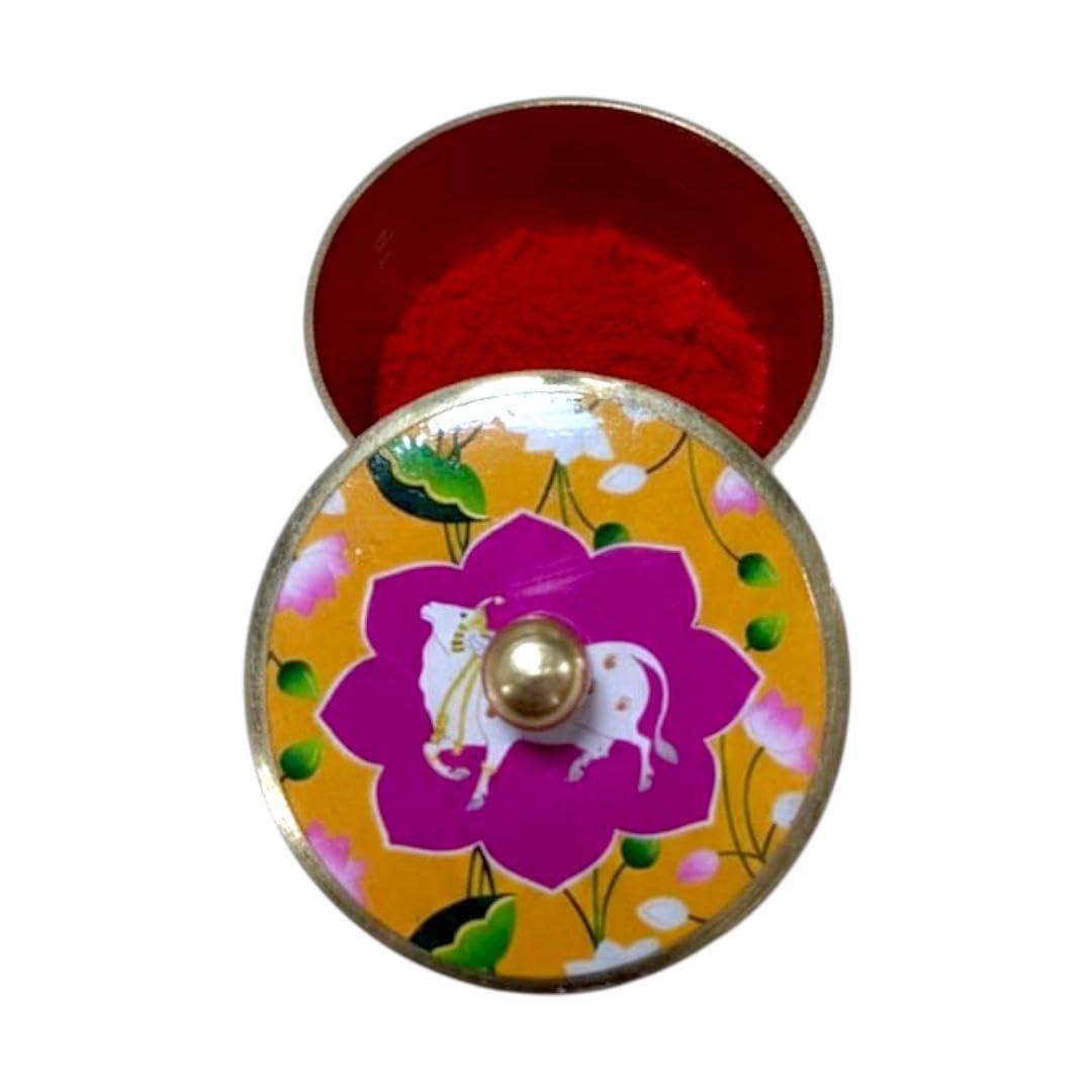 Decorative Brass Kumkum Sindoor Dabbi Box with Cow Design Laxmi maa ki sindoor dibiya, Traditional Pooja Storage Container, 4.3 x 4.3 cm (Cow Print PINK)-image-16