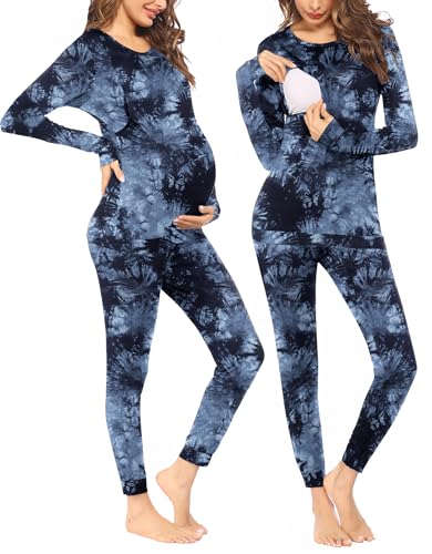 Image of Ekouaer Breastfeeding Pajamas for Women Maternity Pants Long sleeve Pregnancy Sleepwear Set Black Tie Dye L