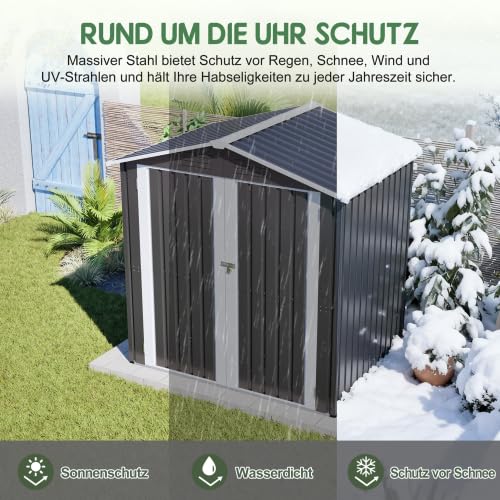 Szopa na narzędzia wraz z fundamentem i akcesoriami | domek ogrodowy 185 x 142 x 185 cm, z wentylacją i zamkiem, do kosiarek i urządzeń ogrodowych, szara, odporna na warunki atmosferyczne