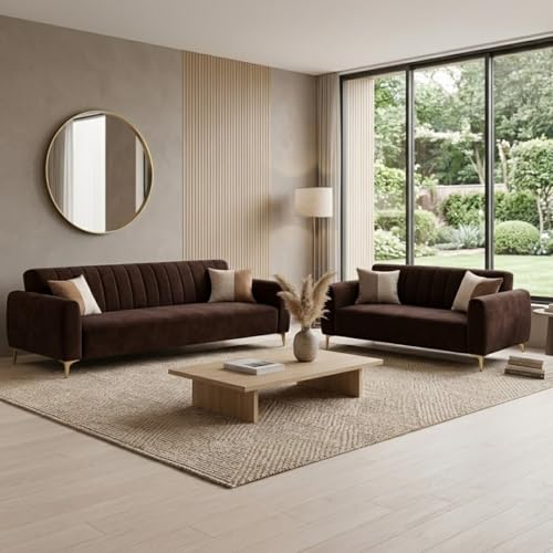 Image of Habibi Rich Velvet Suede 3+2 Seater Sofa Set | Spacious Soft Touch Comfort Seating | 5 Person Seating | Modern Living Room Sofa Set (Dark Brown)