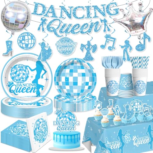 Xynic 182 PCS Mamma Mia Party Decorations Dancing Queen Party Decorations Set with Banner Plates Cups Napkins 2 Tablecloths Balloons Cake Topper & Hanging Swirls Serves 25