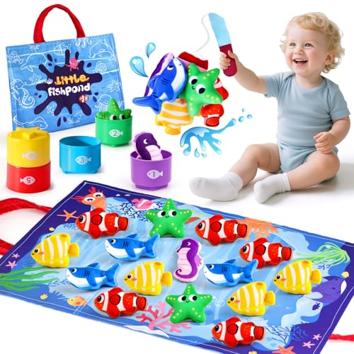 Image of LovesTown Montessori Toys for Toddlers, Baby Sensory Toy Color Sorting Game Travel Essentials Preschool Learning Activities Cloth Fishing Games with Stacking Cups Boys Girls Gifts