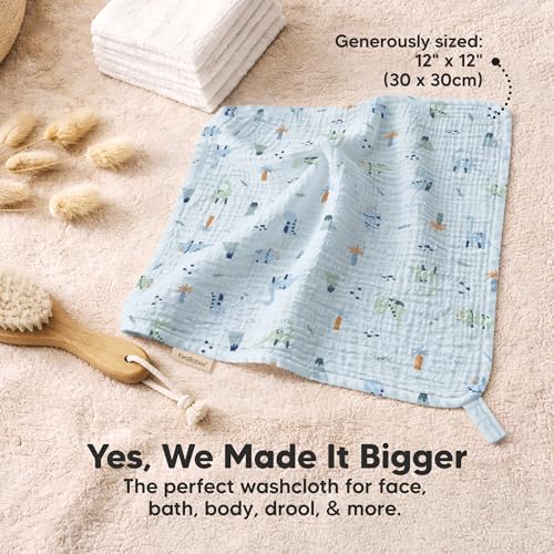 Image of 5-Pack Muslin Baby Washcloths for Newborn - 12x12 inch Soft Absorbent Organic Cotton Muslin Wash Cloths for Babies Girl, Boy, Infant, Toddlers, Kids Face Towel, Bath Essentials, Baby Burp Rags (Dino Park)
