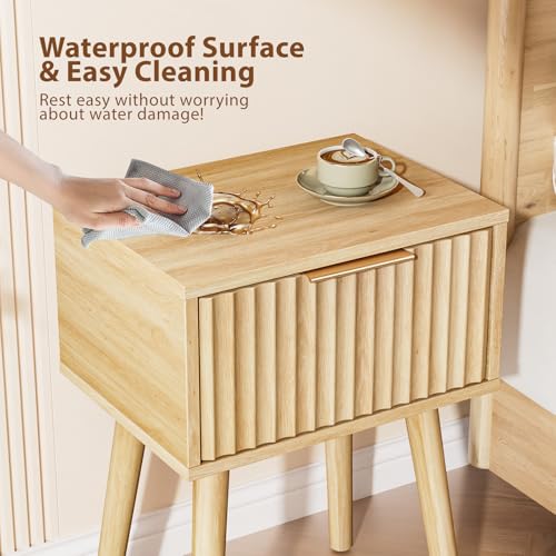 Image of VINGLI Night Stand, Fluted Nightstand Wood, Mid Century Modern Nightstand for Bedroom, Bedside Table, Wood Side Table, Small Night Stand Oak, 15.75 inch W*11.81 inch D*21.85 inch H