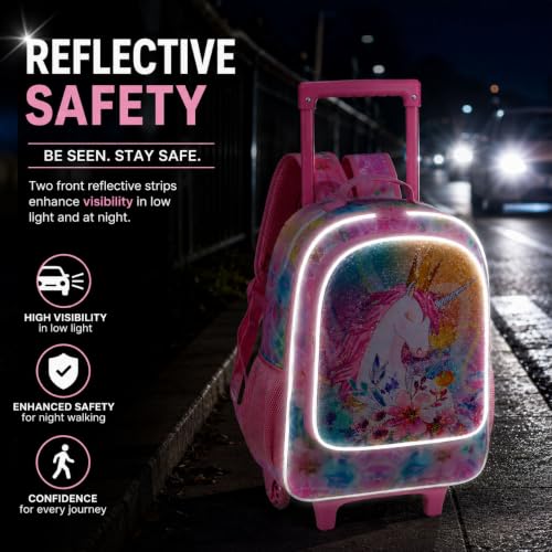 Image of CCJPX 3PCS Kids Rolling Backpack for Girls, Unicorn Sequin Roller Wheeled Bookbag Toddler Elementary School Bag with Wheels