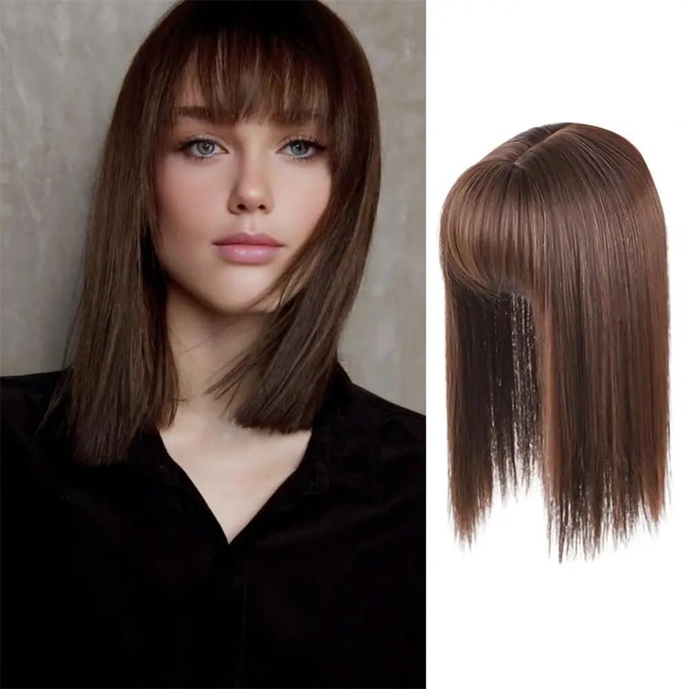 Perruques Women Long Straight Wig with Air Bang High Temperature Fiber Natural Look Smooth One-Piece Head Replacement Coiffure réaliste(Light Brown,35cm)