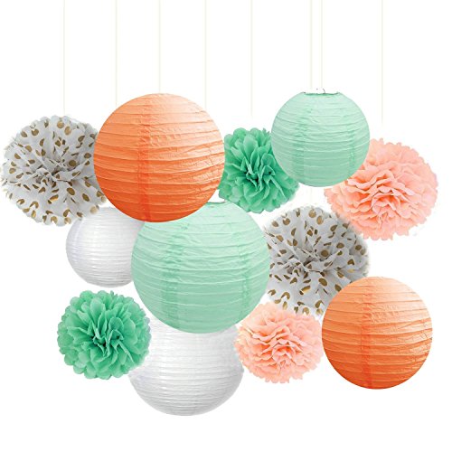 Fascola Pack of 12 Peach Mint Tissue Pom Poms Paper Lanterns and Polka Dot Paper Garland for Birthday Wedding Party Supplies,Gril Baby Shower Decorations