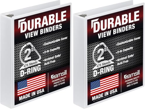 Image of Samsill Durable 2 Inch Binder, D Ring Binder, Customizable Clear View Cover, Pearl White, Holds 475 Pages (Pack of 2)