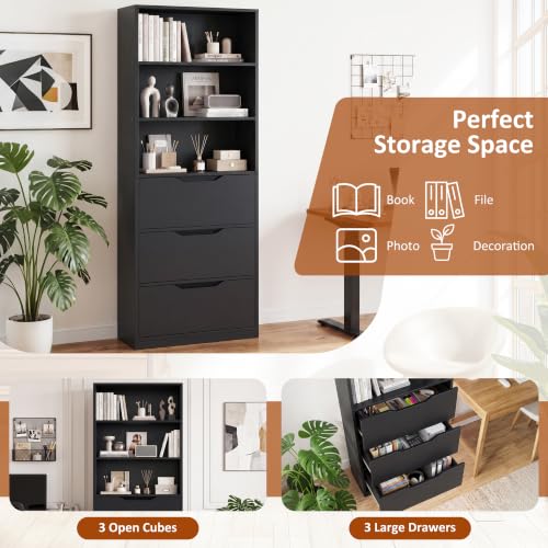 Image of Shintenchi Bookshelf,6-Tier Bookcase with 3 Drawers, 6 Shelf Display Storage Shelves Floor Standing 70.6 inches Tall Bookcase for Home Office, Living Room (Black)