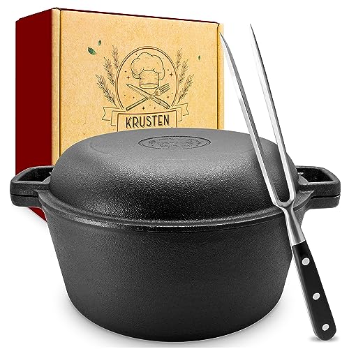 KRUSTENZAUBER Cacerola de hierro fundido (incluye tenedor de carne), resistente de 26 cm de hierro fundido con tapa, apta para horno, ideal como cacerola de inducción, hierro fundido, olla de cocción