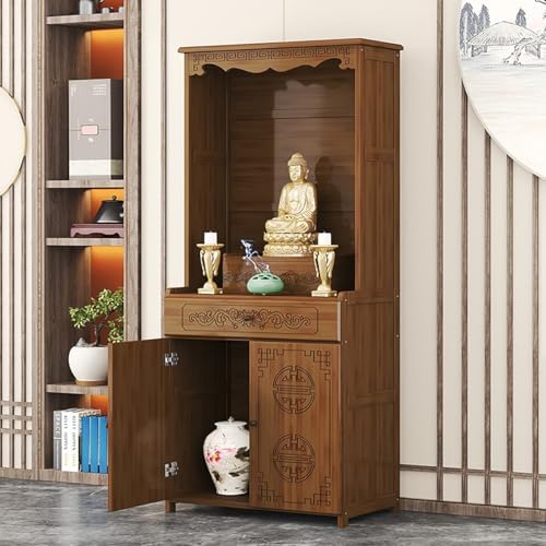 Buddhist Altar Cabinet - Bamboo Pooja Table with Ancestral Tablets Shelf, Elegant Home Décor for Living Room, Bedroom & Office (Natural Wood Finish)