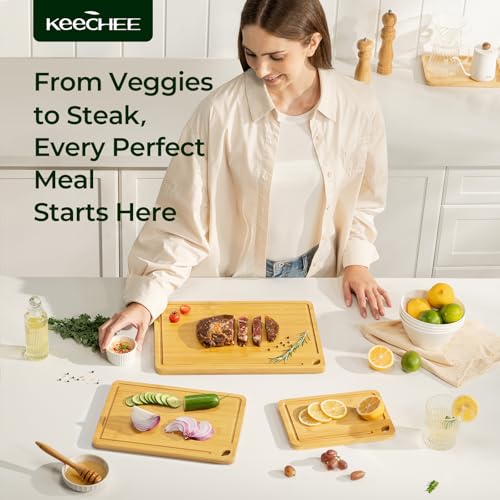 Image of Keechee Bamboo Cutting Board, Cutting Board for Kitchen with Handles | Non Toxic, Resisted-Cracking&Curling, Deep Juice Groove, Side Handles,Cross-Laminated Structure, Knife-Friendly, Gifts Ready