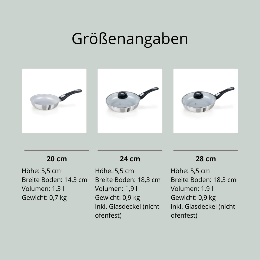 Genius Cerafit Steel Pfanne Bratpfannen-Set 5-tlg - Keramikpfannen 20 24 28 cm mit kratzfester Antihaft-Beschichtung + Glasdeckel - Induktionspfannen mit abnehmbarem Griff alle Herdarten