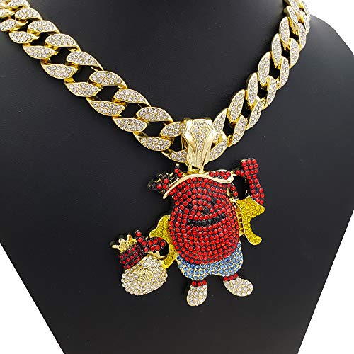 Hip Hop KOOL AID MAN Holding Money Bag Pendant & 18" Iced Cuban Link Choker Chain Necklace2