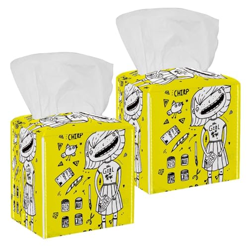 lcndlsoe - 2PCS Square Tissue Box Cover, Princess Girl Yellow Leather Tissue Case Facial Paper Organizer Dispenser for Vanity Toilet Tank Dresser Night Stand Table Countertop Office Car