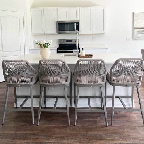 Image of PURPLE LEAF Counter Height Bar Stools Set of 4 Woven Aluminum Modern Barstools with Back and Arms for Patio Balcony Pool Accent Outdoor Kitchen Counter Stool Chairs