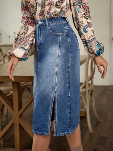 Women's High Waisted Side Split Denim Skirt Casual Midi Jean Skirts with Pocket4
