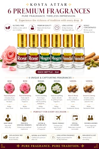 Image of KOSTA Attar Combo Pack of 6 (2ml Each) | Sandalwood (Chandan), Rose (Gulab) & Mogra Perfume Oils | Alcohol-Free Long Lasting Roll-On Attar for Men & Women