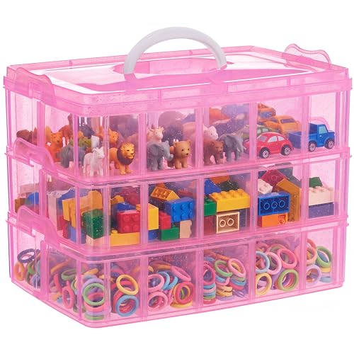 SGHUO Bead Organizers and Storage 3-Tier Pink Craft Container Stackable Box with Dividers for Art Supplies Washi Tapes Seed Hair Accessories Nail 9.5X6.5X7.2in