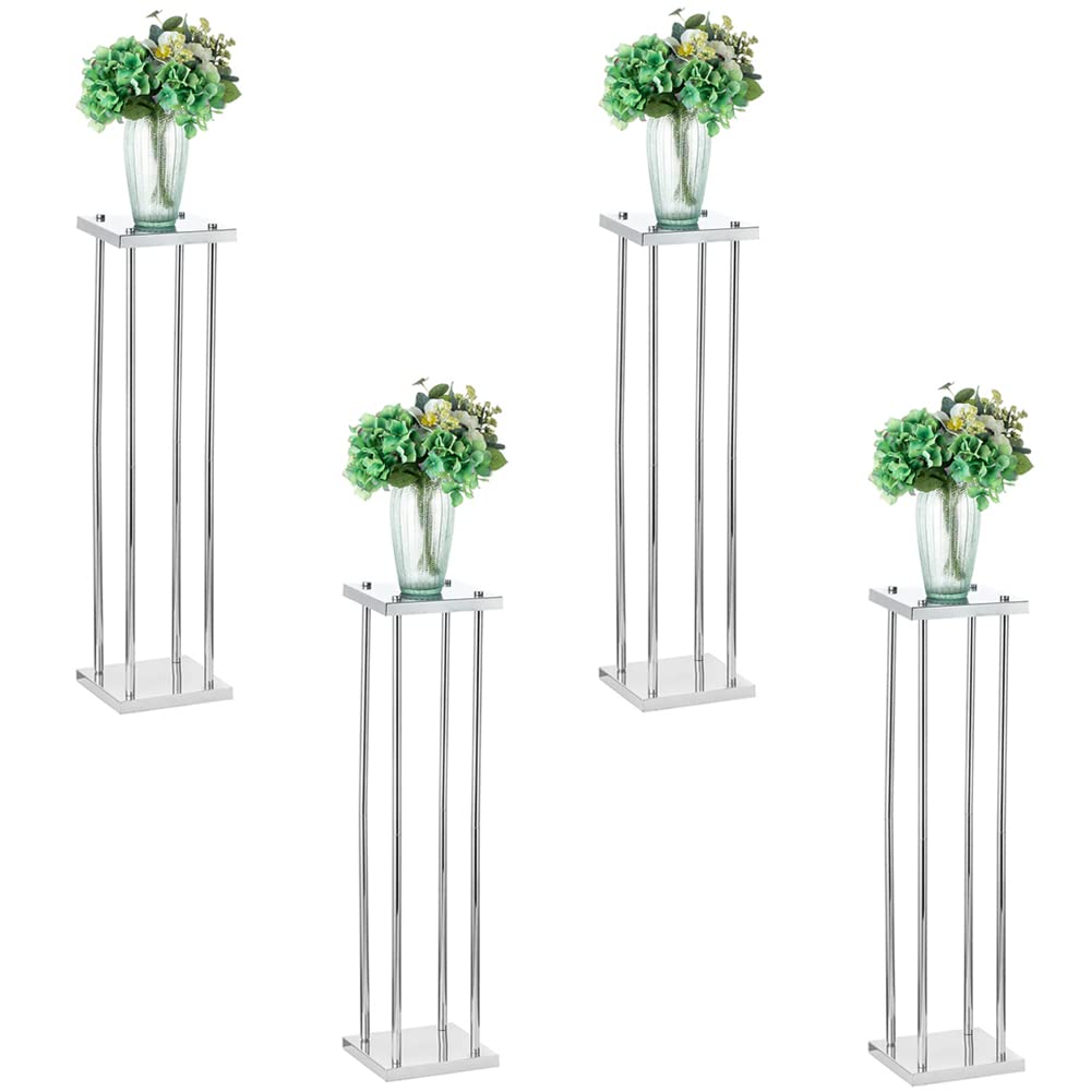 Wedding Centerpieces for Tables Flower Stand - 4Pcs Silver Vases for Centerpieces, 31.5in Tall Metal Flower Vase Column Stand, Geometric Rectangular Flower Display Stand for Party, Event, Home Decor