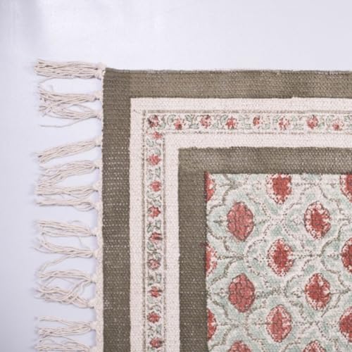 Image of Peepul Tree Pure Cotton Hand Block Printed Rug in Green and Dusty Pink Colours with a Floral Design | Modern Carpet Durries for Living Room, Bedroom | 2 x 7 Ft | The Royal Courtyards Collection