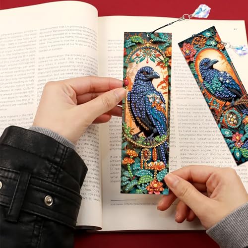 Image of 4-Piece Diamond Painting Bookmarks Set for Adults - DIY 5D Rhinestone Art Bookmarks with Tassels, Crow Design Diamond Art Bookmarks for Crafts and Gifts, Ideal Gift for Book Lovers