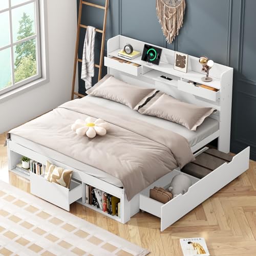 EURHCIO Lit Double 140x190cm,Lit Coffre avec Compartiments et Tiroirs de Rangement,Port USB,Sommier à Lattes,pour Enfant Adolescent Adulte,sans Matelas,Blanc...