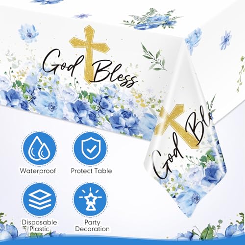 Image of Ganeen 3 Pcs Baptism Tablecloth First Holy Communion Tablecloth Blue Boy God Bless Disposable Plastic Waterproof Cross Table Covers for Christening Baby Shower Religious Decor, 54 x 108 Inch