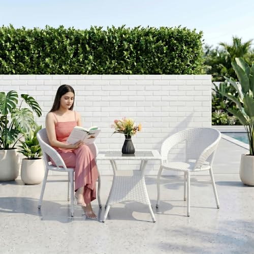 Image of BRISHI 3-Piece Outdoor Rattan Wicker Patio Square Coffee Table Set | Garden Furniture for Balcony, Terrace, Poolside & Porch | Waterproof Bistro Sets for Home & Backyard (White)