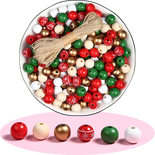 240PCS Colorful Round Wooden Christmas Beads for Craft 6 Colors Colored Natual Painted Wood Spacer Loose Beads for Home Party Festival Decoration (Christmas Mixed Color 16mm)