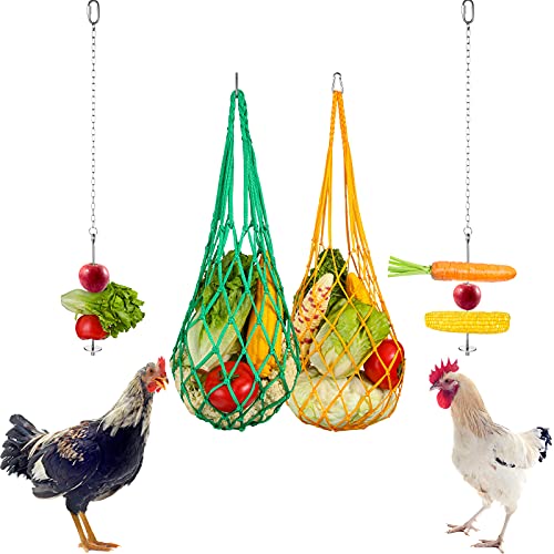 4 Pieces Chicken Vegetable Hanging Feeder Toy Stainless Steel Chicken Feeder Veggies Skewer Fruit Food Holder Poultry Cabbage Feeder Treat Feeding Tool String Bag with 2 Pieces Hooks for Hen Chicken