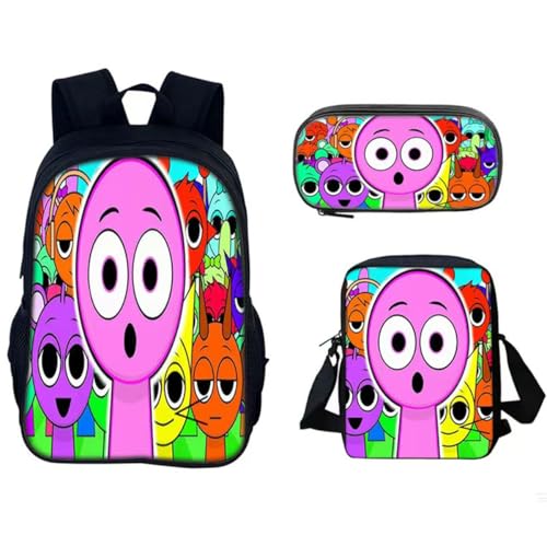 Conjunto de 3 piezas Mochilas de la serie Sprunki, Mochilas de anime, Mochilas ligeras, Bolsas de comida, Mochilas for niños(Green)